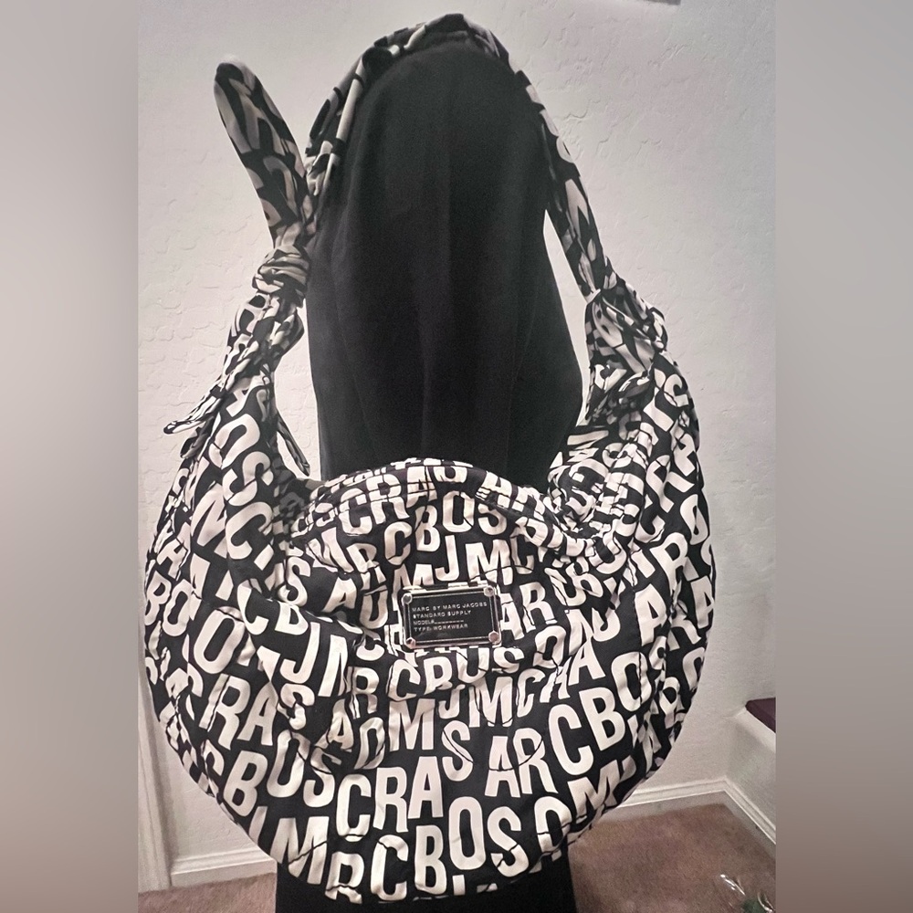 Marc Jacobs Logo Print Black and White Hobo Shoulder Bag